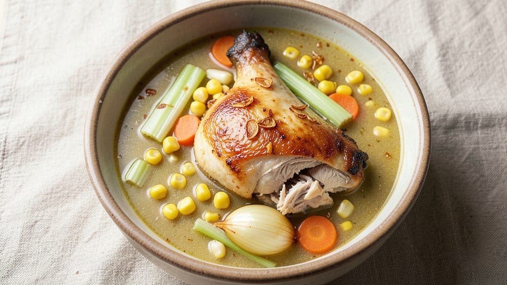 Best Chicken Corn Soup Recipe From Scratch: Crispy Celery Crowns Float in Creamy Herb Broth
