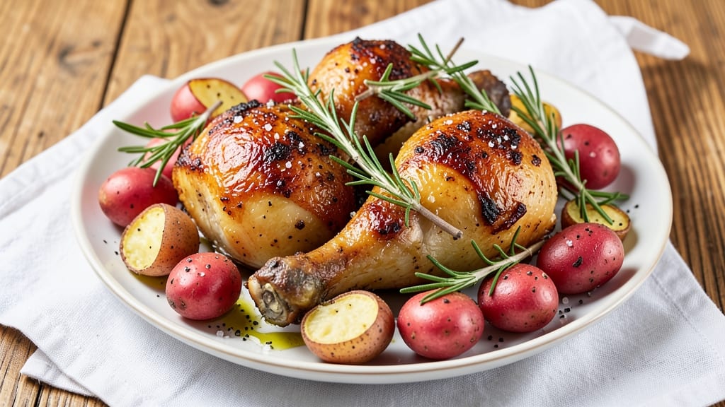 Baked Chicken Legs and Potatoes Recipe: Crispy-Skinned Roast With Herby Potatoes
