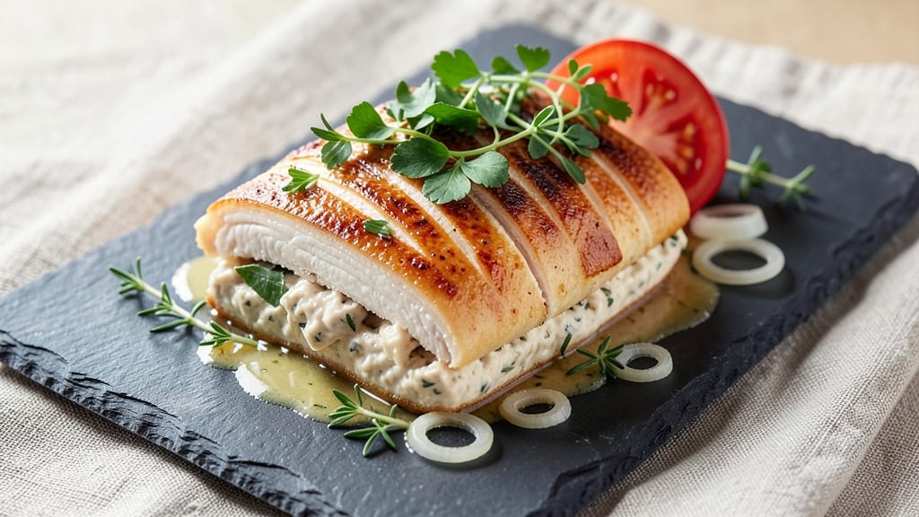 Chicken Galantine Recipe: Celery Crown Crunch Over Silky Herb Swirls
