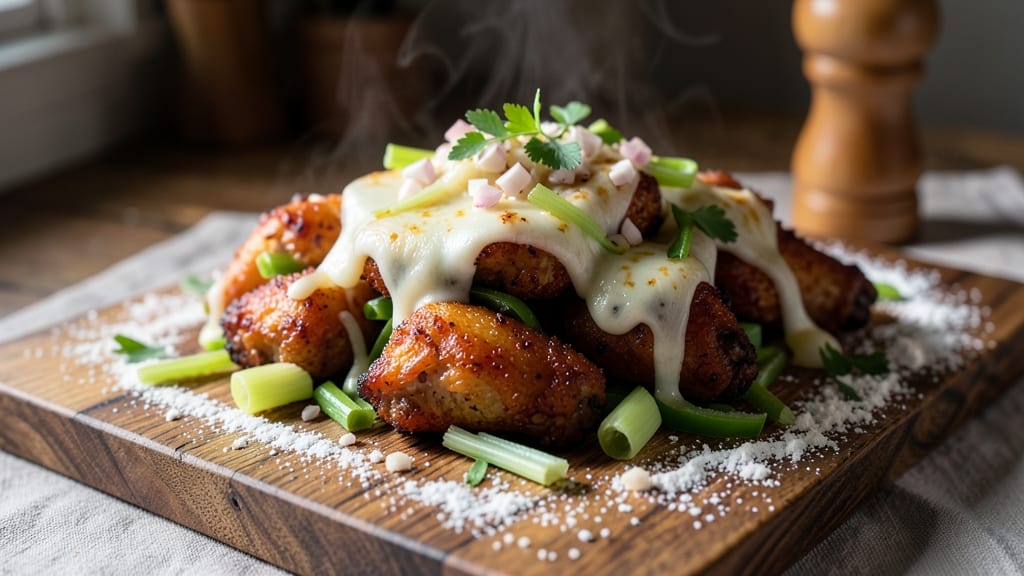 Baked Chicken Wing Dings Recipe: Crispy Celery Crowns Over Melty Cheese Swirls